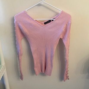 DeRotchild Sz Large pink fitted long sleeve shirt with metal rings down sleeves
